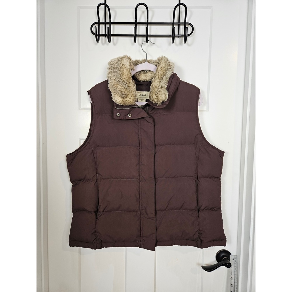LL Bean Womens XL Brown Goose Down Puffer Vest Faux Fur Trim Collar 0CVB8